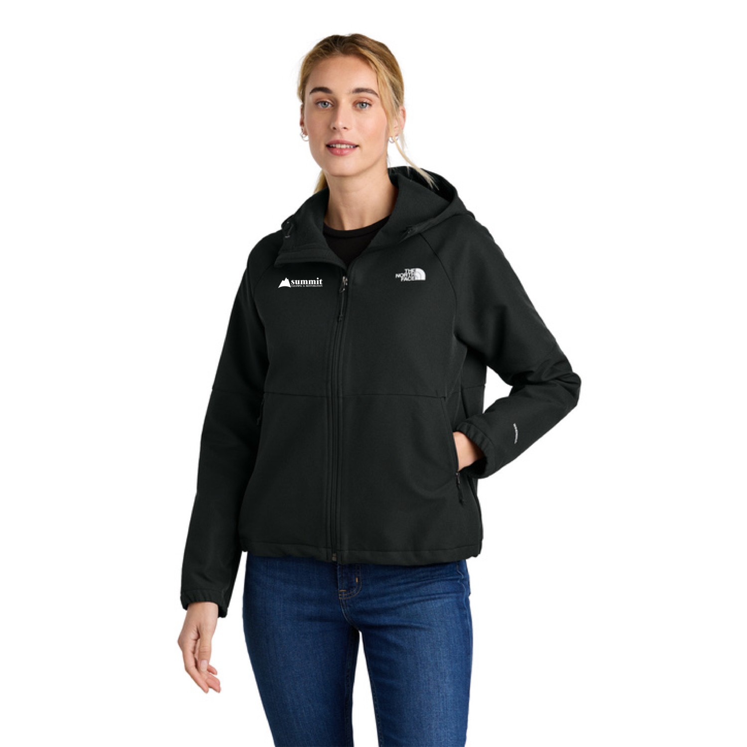 The North Face® Women's Barr Lake Hooded Soft Shell Jacket (Black) with Logo Embroidered